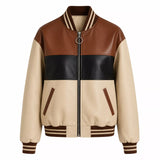 Women's Cream Brown Black Colorblock Leather Bomber Jacket