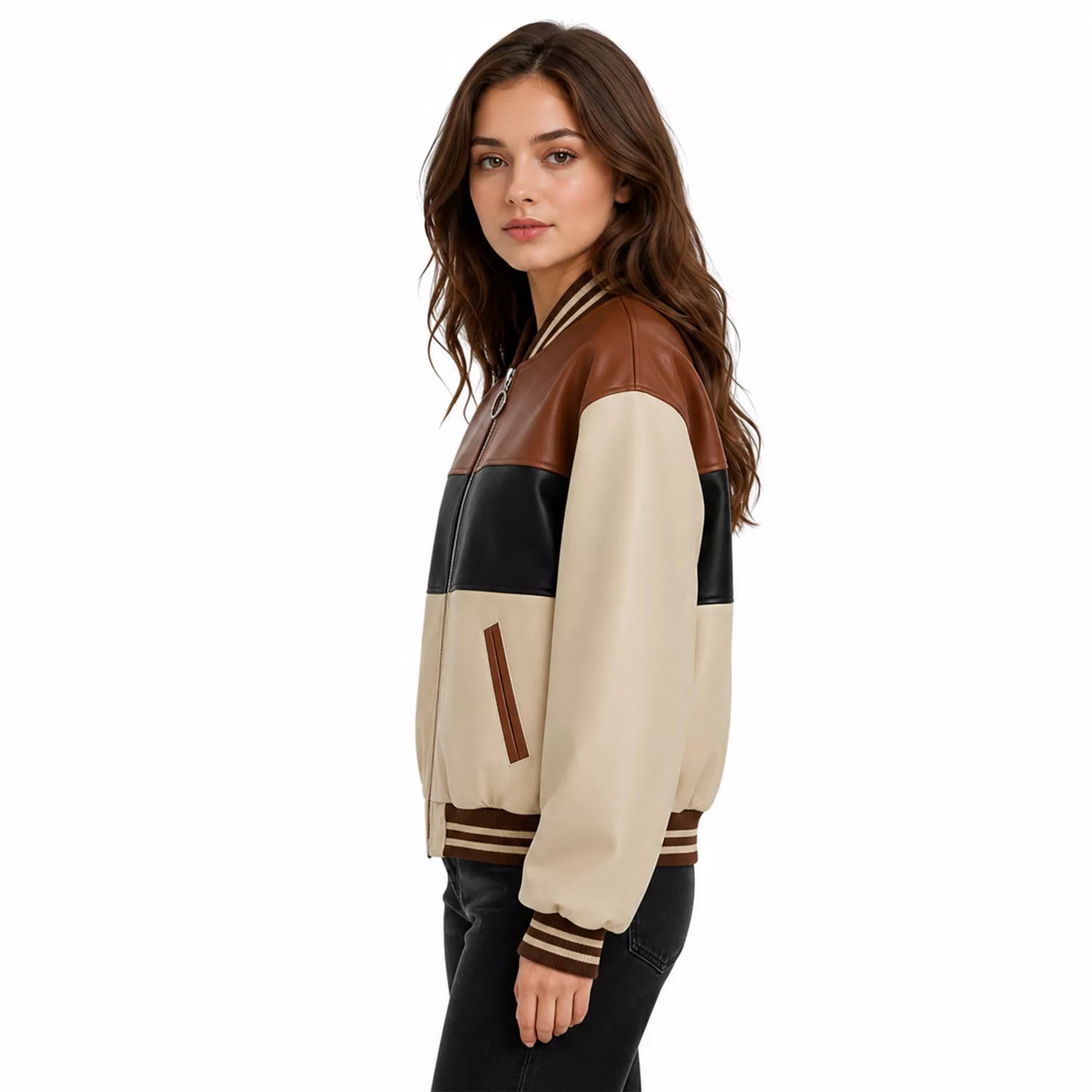 Women's Cream Brown Black Colorblock Leather Bomber Jacket