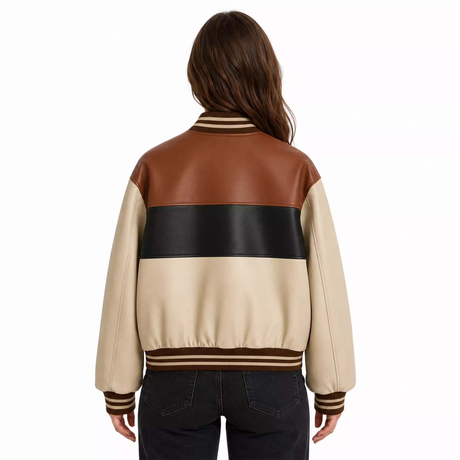 Women's Cream Brown Black Colorblock Leather Bomber Jacket