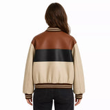 Women's Cream Brown Black Colorblock Leather Bomber Jacket