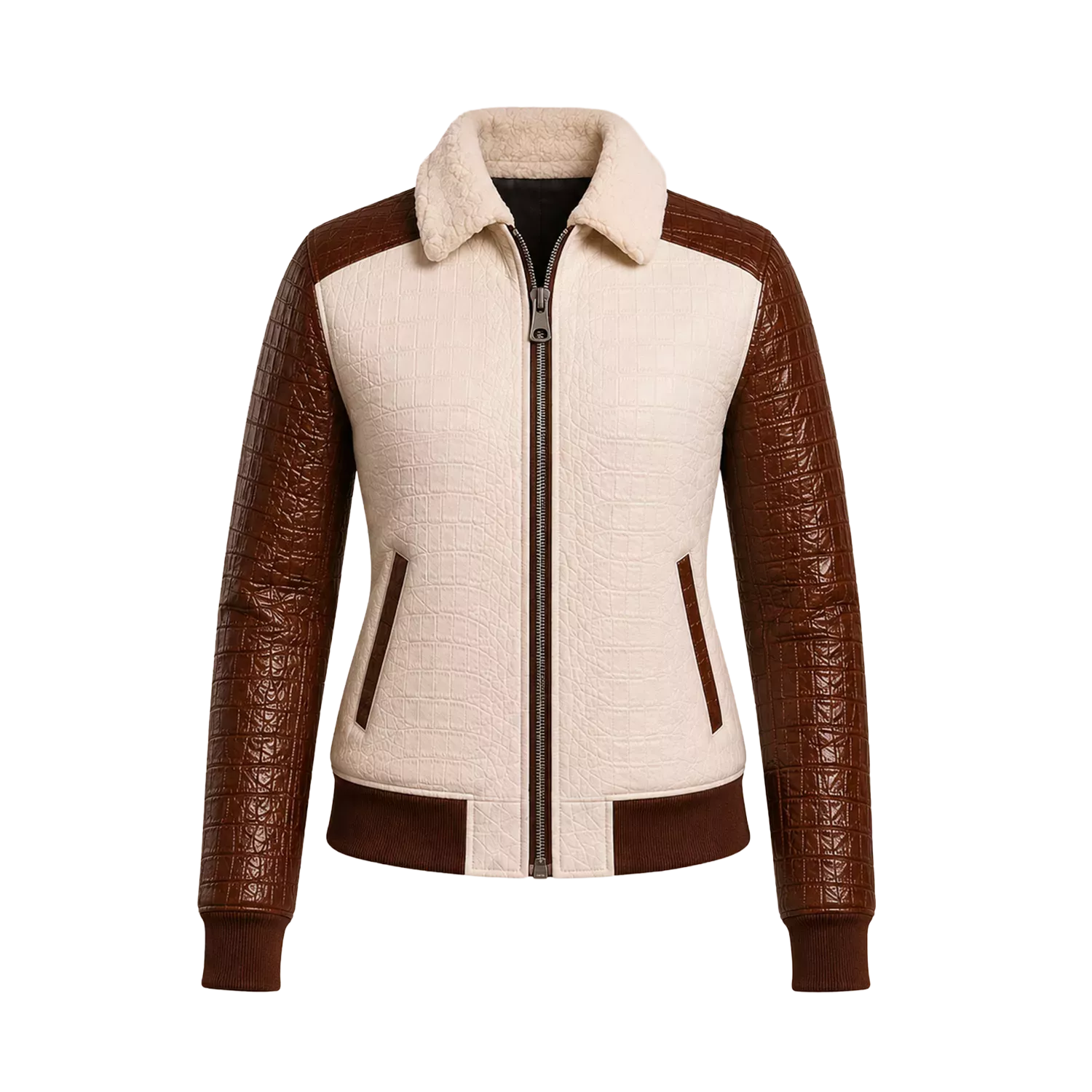 Women's Cream Brown Croc Texture Leather Bomber Jacket