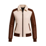Women's Cream Brown Croc Texture Leather Bomber Jacket