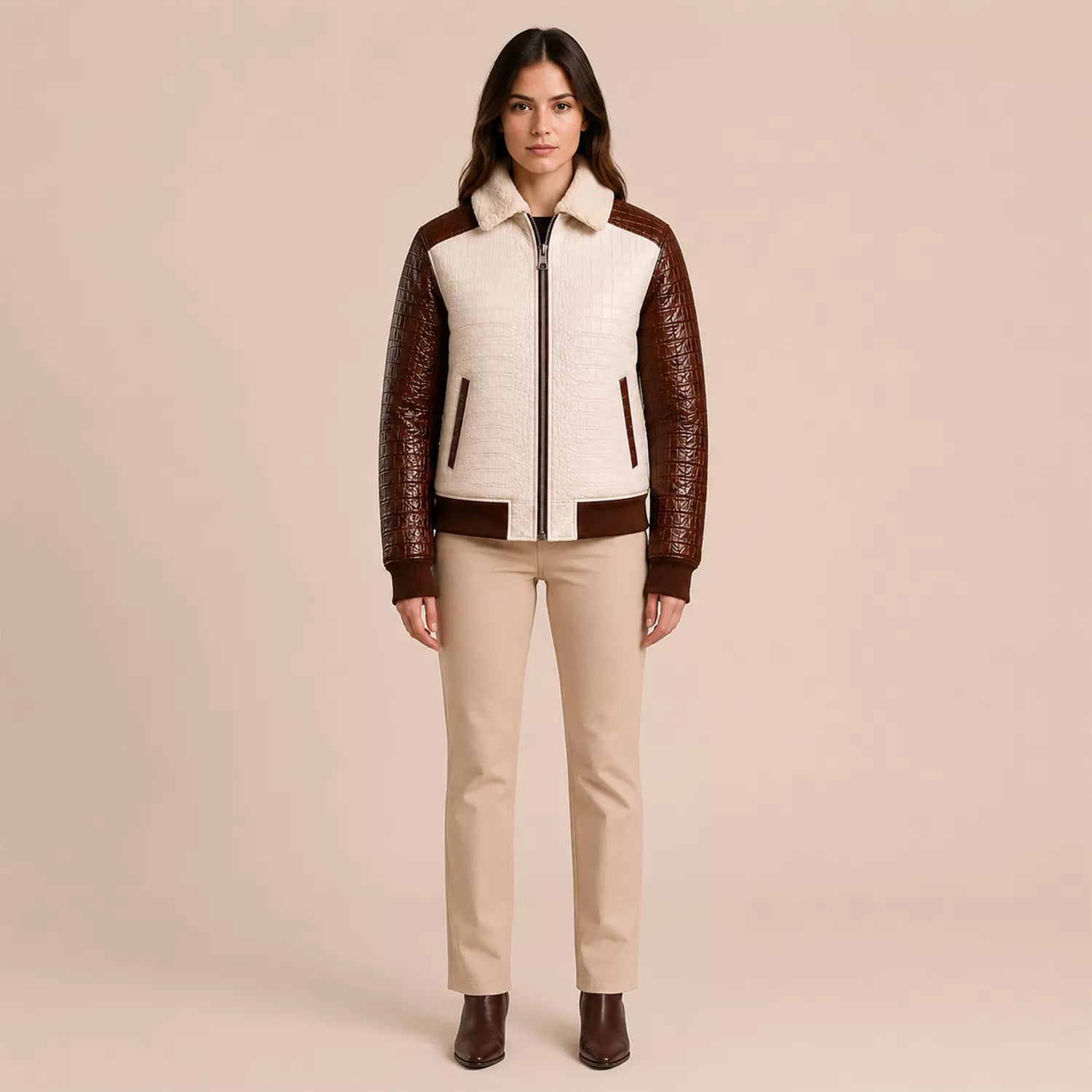Women's Cream Brown Croc Texture Leather Bomber Jacket