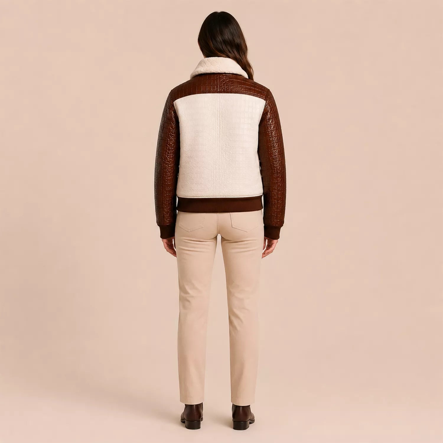 Women's Cream Brown Croc Texture Leather Bomber Jacket