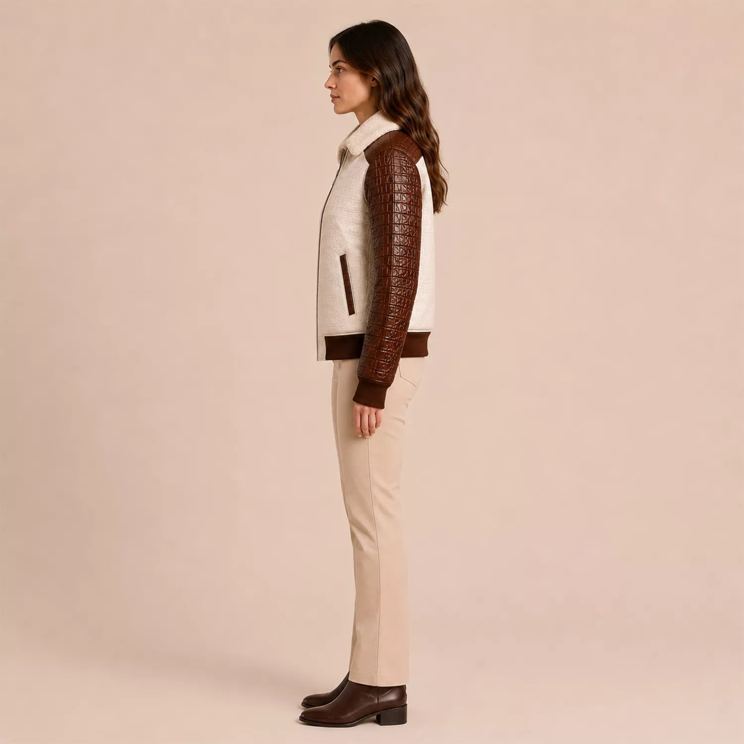 Women's Cream Brown Croc Texture Leather Bomber Jacket