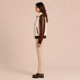 Women's Cream Brown Croc Texture Leather Bomber Jacket