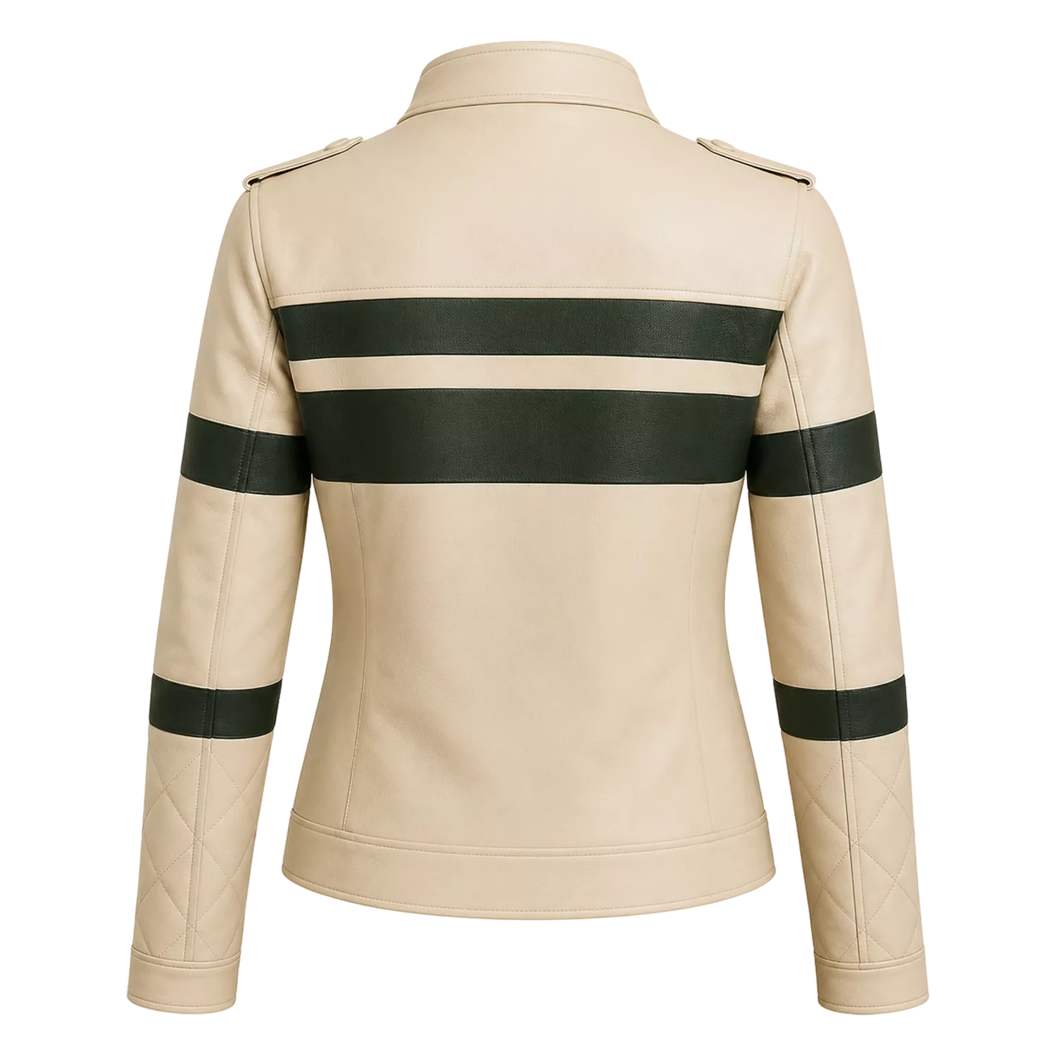 Women's Cream Green Stripe Moto Leather Jacket