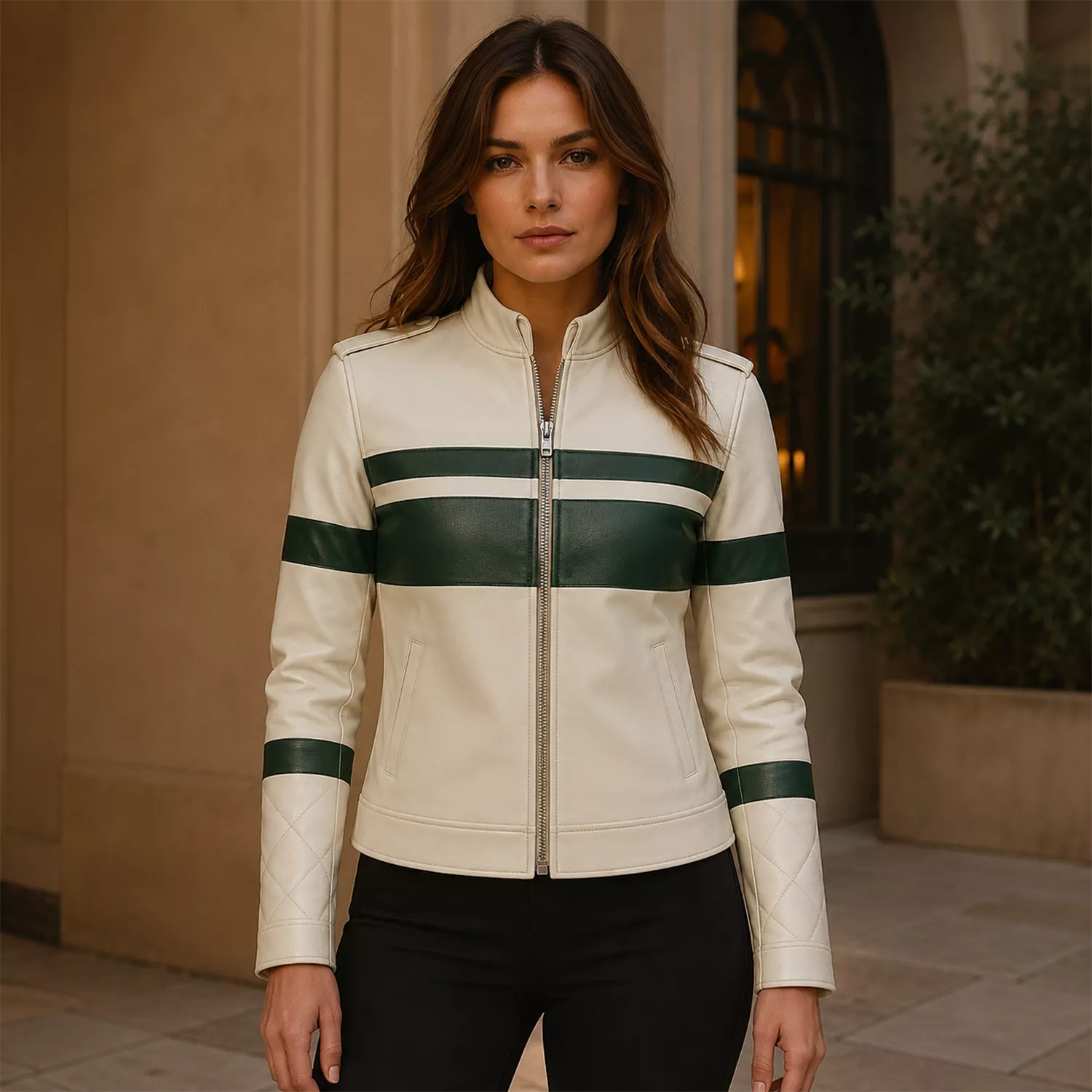 Women's Cream Green Stripe Moto Leather Jacket