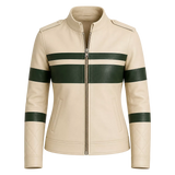 Women's Cream Green Stripe Moto Leather Jacket
