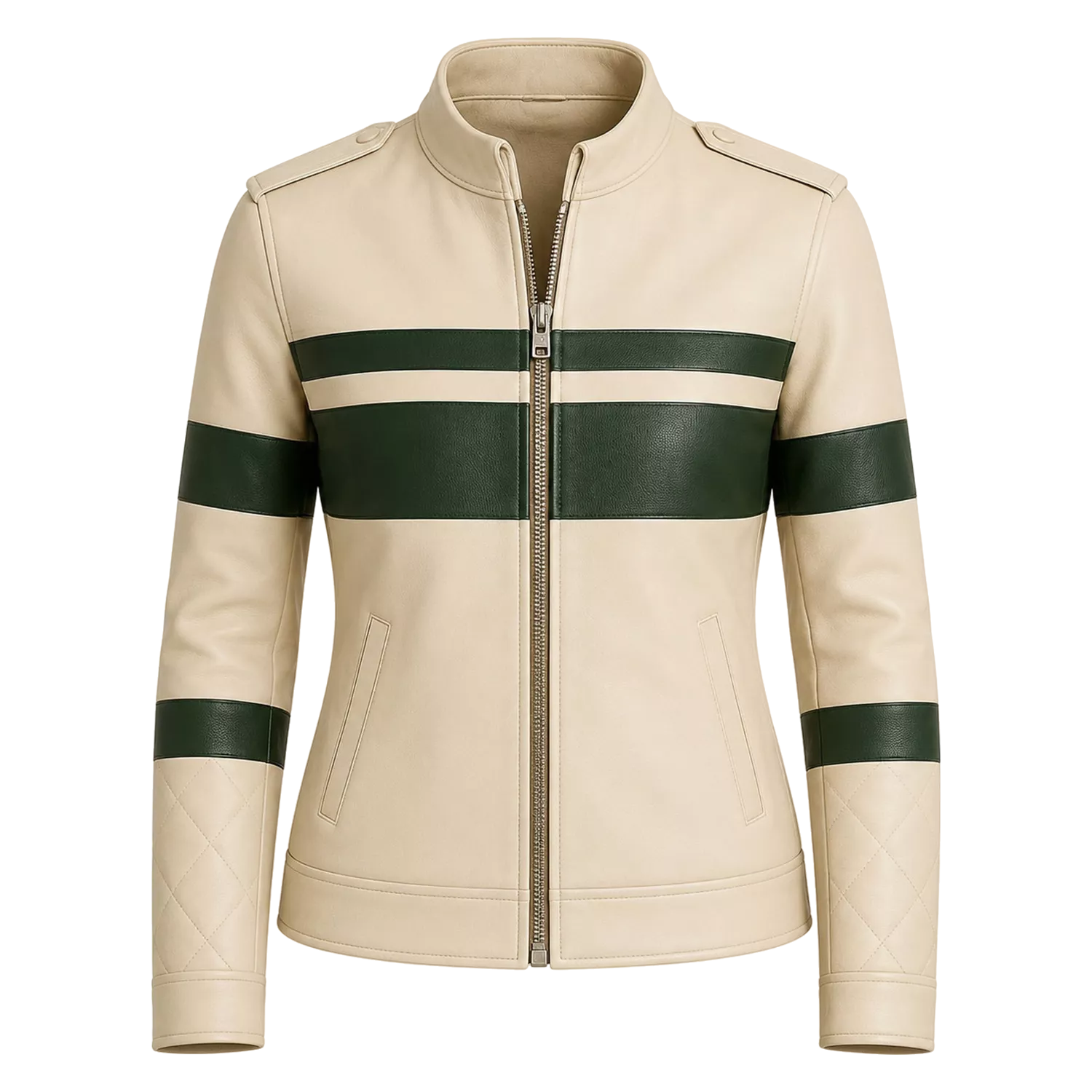Women's Cream Green Stripe Moto Leather Jacket