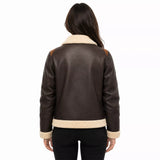 Women's Dark Brown Cream Shearling Leather Bomber Jacket