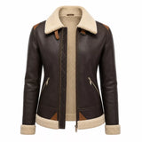 Women's Dark Brown Cream Shearling Leather Bomber Jacket
