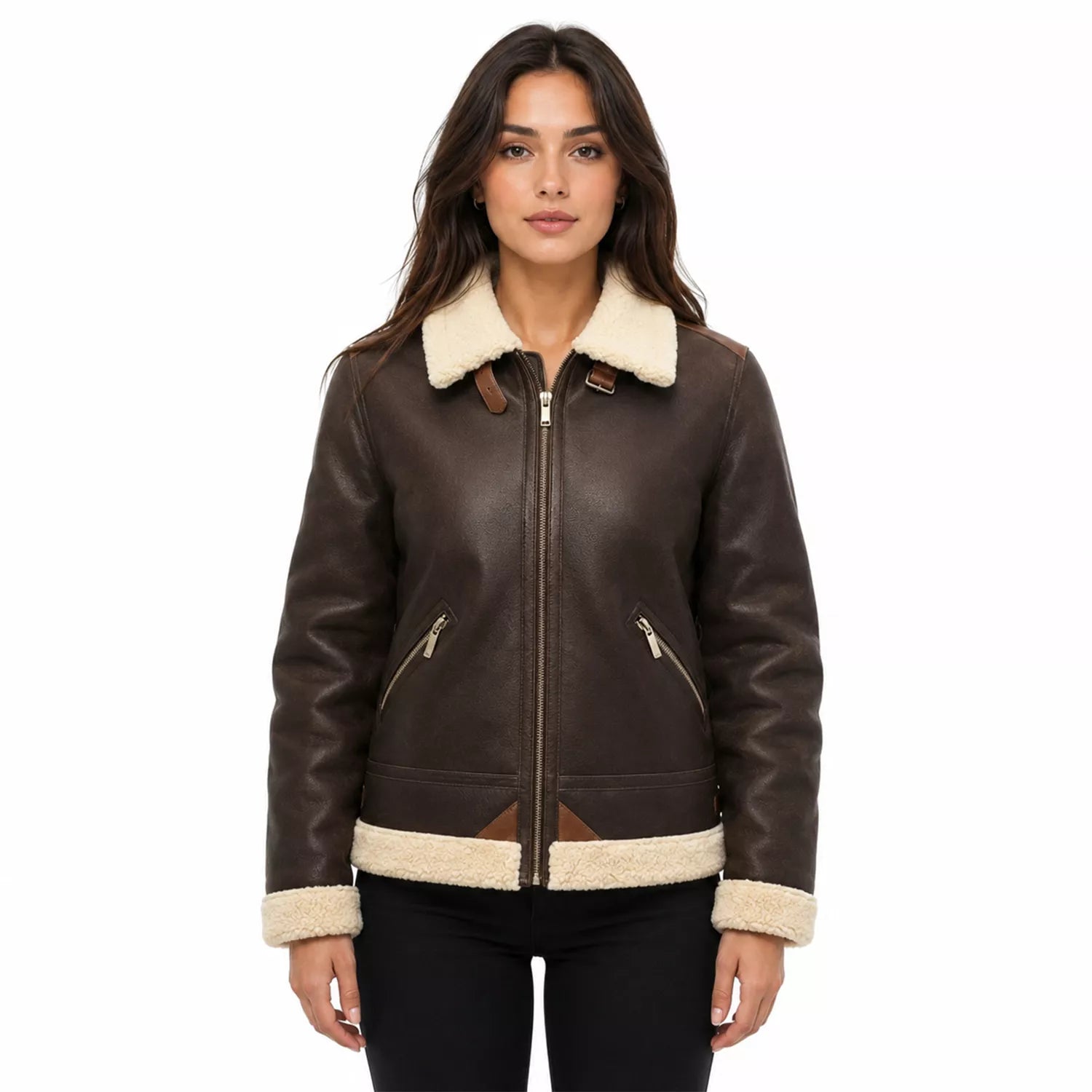 Women's Dark Brown Cream Shearling Leather Bomber Jacket