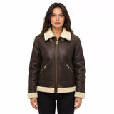 Women's Dark Brown Cream Shearling Leather Bomber Jacket