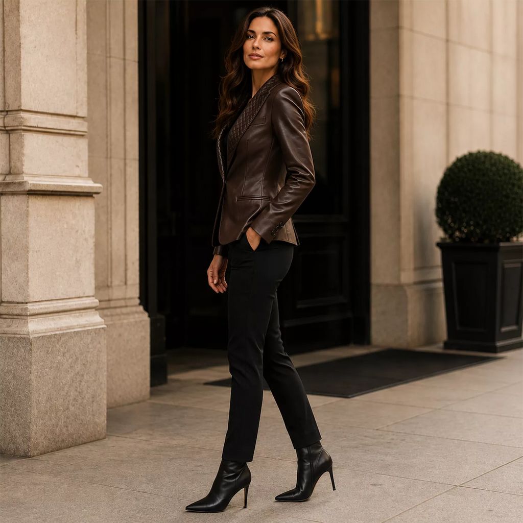 Women’s Dark Brown Leather Blazer | Quilted Lapel Tailored Jacket