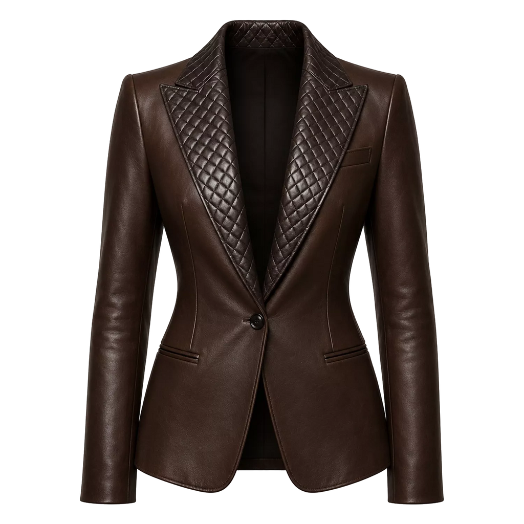 Women’s Dark Brown Leather Blazer | Quilted Lapel Tailored Jacket