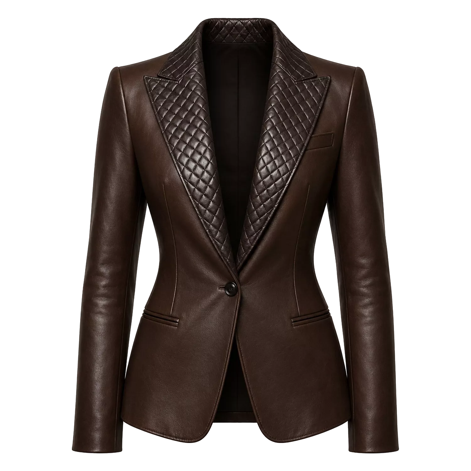 Women’s Dark Brown Leather Blazer | Quilted Lapel Tailored Jacket