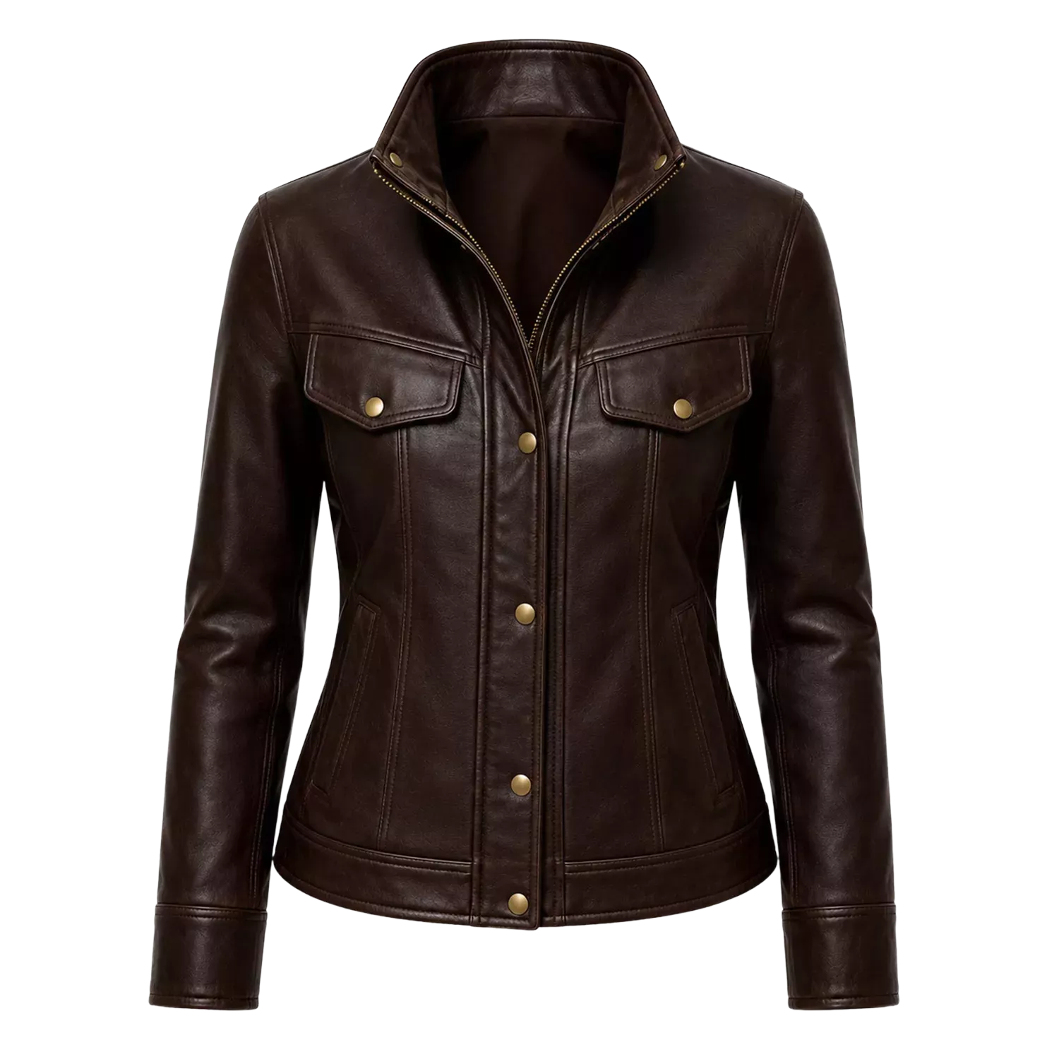 Women's Dark Brown Leather Bomber Jacket | Zip-Up Snap Button Jacket