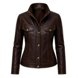 Women's Dark Brown Leather Bomber Jacket | Zip-Up Snap Button Jacket