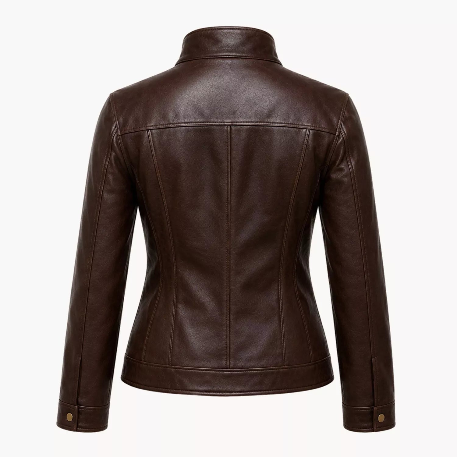 Women's Dark Brown Leather Bomber Jacket | Zip-Up Snap Button Jacket