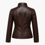 Women's Dark Brown Leather Bomber Jacket | Zip-Up Snap Button Jacket