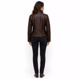 Women's Dark Brown Leather Bomber Jacket | Zip-Up Snap Button Jacket