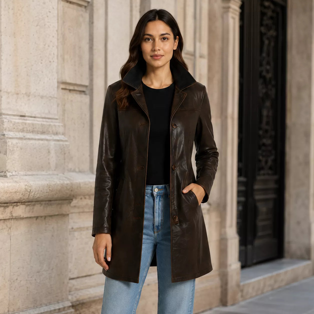 Women’s Dark Brown Leather Car Coat | Classic Long Jacket