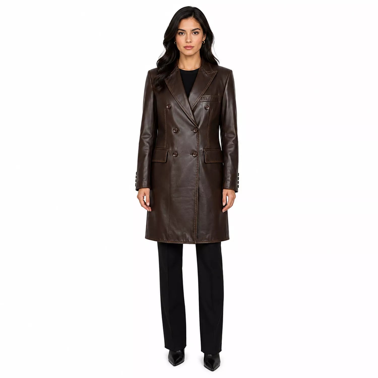 Women’s Dark Brown Leather Double-Breasted Coat | Tailored Longline Trench