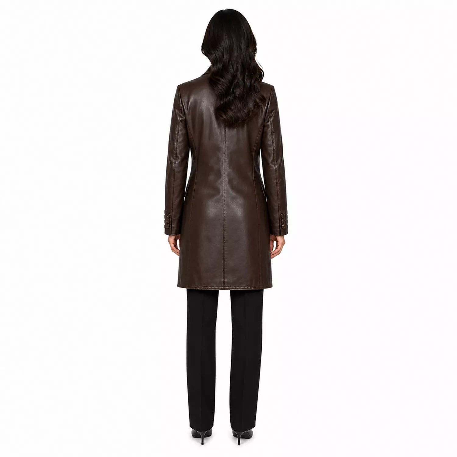 Women’s Dark Brown Leather Double-Breasted Coat | Tailored Longline Trench