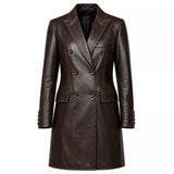 Women’s Dark Brown Leather Double-Breasted Coat | Tailored Longline Trench