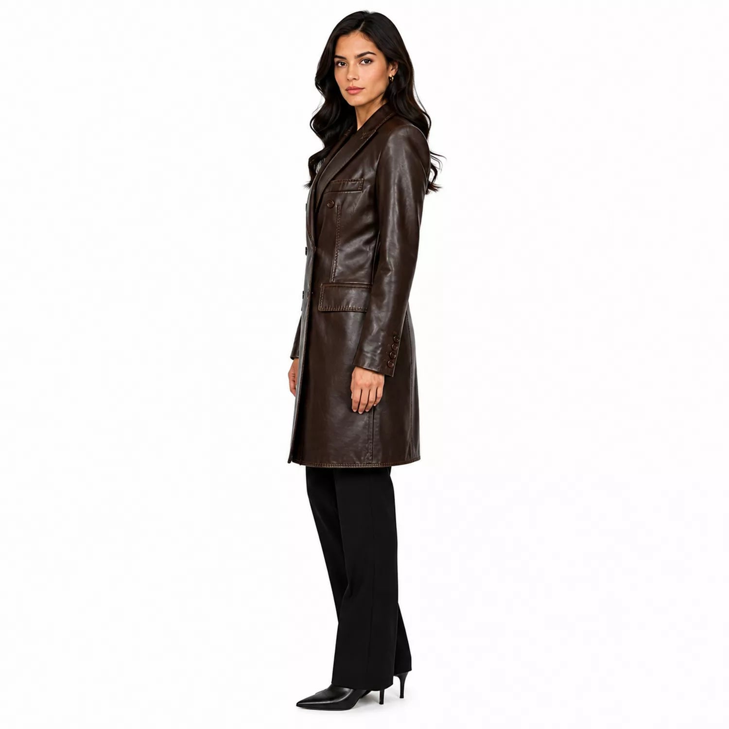 Women’s Dark Brown Leather Double-Breasted Coat | Tailored Longline Trench