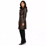 Women’s Dark Brown Leather Double-Breasted Coat | Tailored Longline Trench