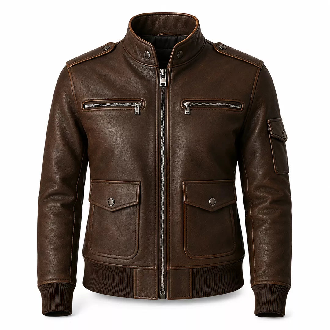 Women’s Dark Brown Leather Utility Racer Jacket | Multi Pocket