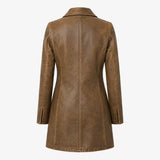 Women’s Distressed Brown Leather Coat with Button Front