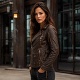 Women's Distressed Brown Vintage Biker Leather Jacket | Asymmetric Moto Jacket