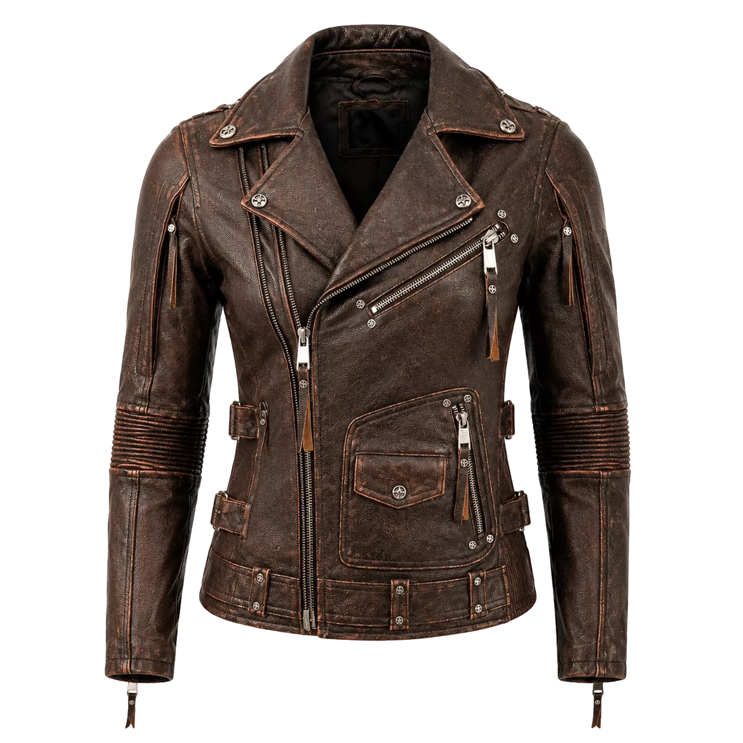 Women's Distressed Brown Vintage Biker Leather Jacket | Asymmetric Moto Jacket