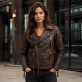 Women's Distressed Brown Vintage Biker Leather Jacket | Asymmetric Moto Jacket