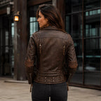 Women's Distressed Brown Vintage Biker Leather Jacket | Asymmetric Moto Jacket