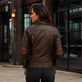 Women's Distressed Brown Vintage Biker Leather Jacket | Asymmetric Moto Jacket