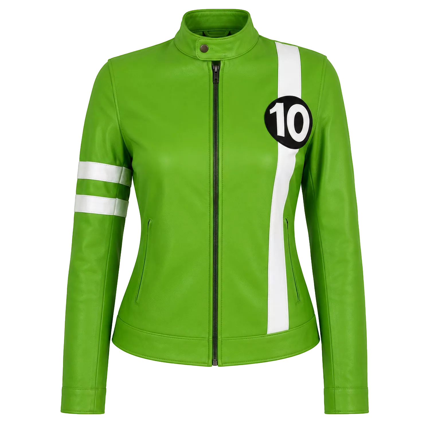 Grüne Rennfahrerjacke Herren Weiße Streifen Nummer 10 Reißverschluss