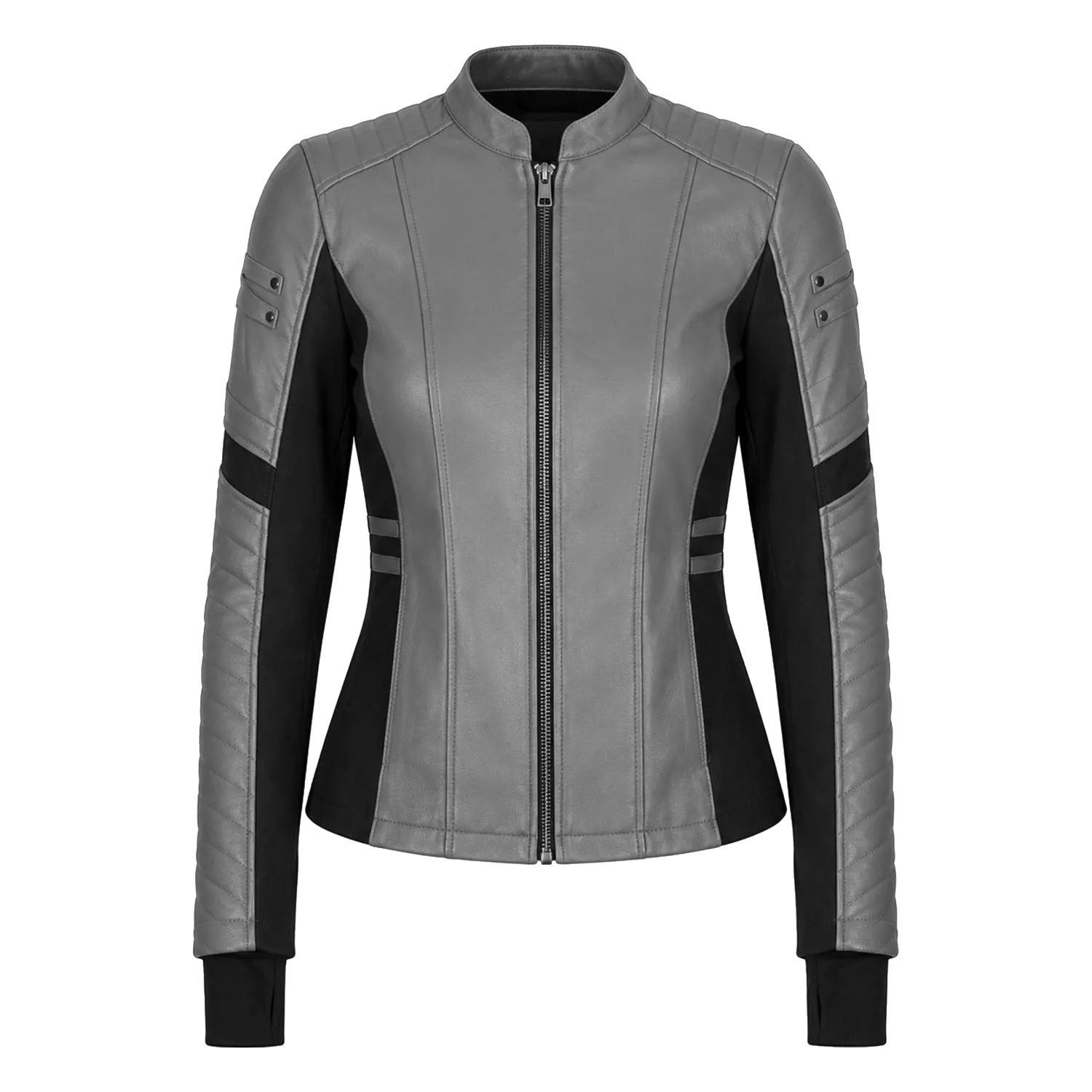 Women's Grey Black Leather Moto Jacket | Zip-Up Biker Style Jacket