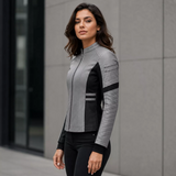 Women's Grey Black Leather Moto Jacket | Zip-Up Biker Style Jacket
