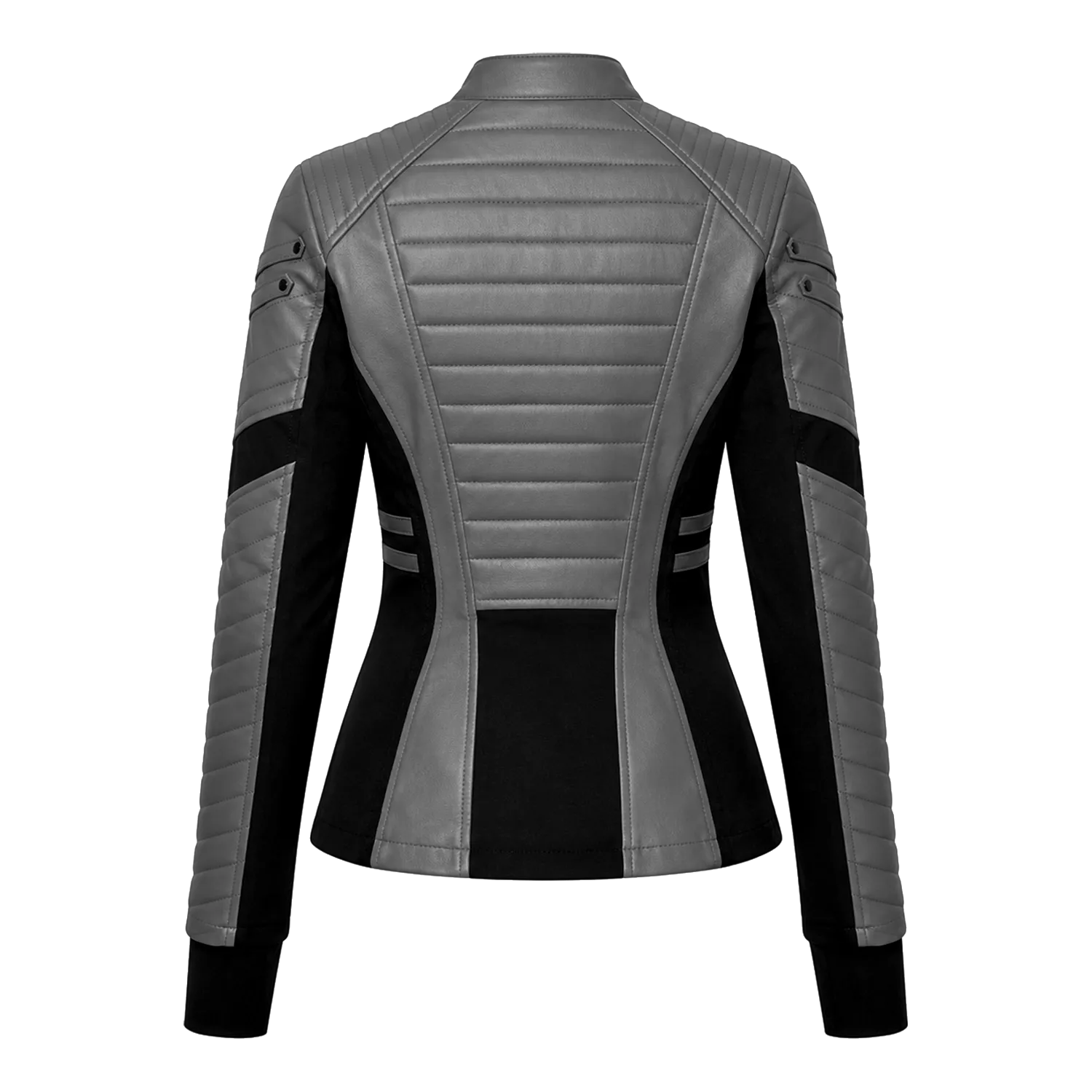 Women's Grey Black Leather Moto Jacket | Zip-Up Biker Style Jacket