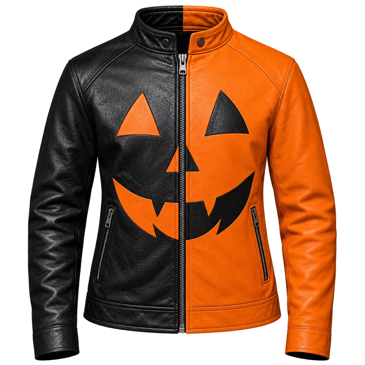 Women's Halloween Leather Jacket | Black & Orange Pumpkin Face Zip Up Biker Jacket