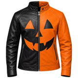 Women's Halloween Leather Jacket | Black & Orange Pumpkin Face Zip Up Biker Jacket