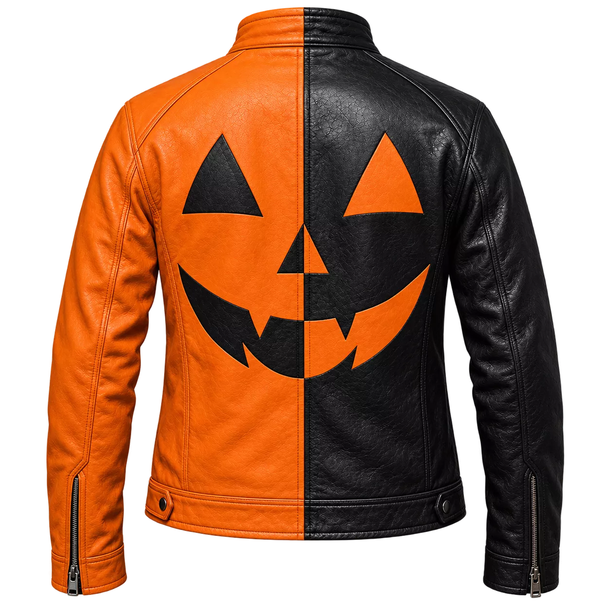 Women's Halloween Leather Jacket | Black & Orange Pumpkin Face Zip Up Biker Jacket