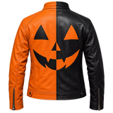 Women's Halloween Leather Jacket | Black & Orange Pumpkin Face Zip Up Biker Jacket