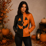 Women's Halloween Leather Jacket | Black & Orange Pumpkin Face Zip Up Biker Jacket