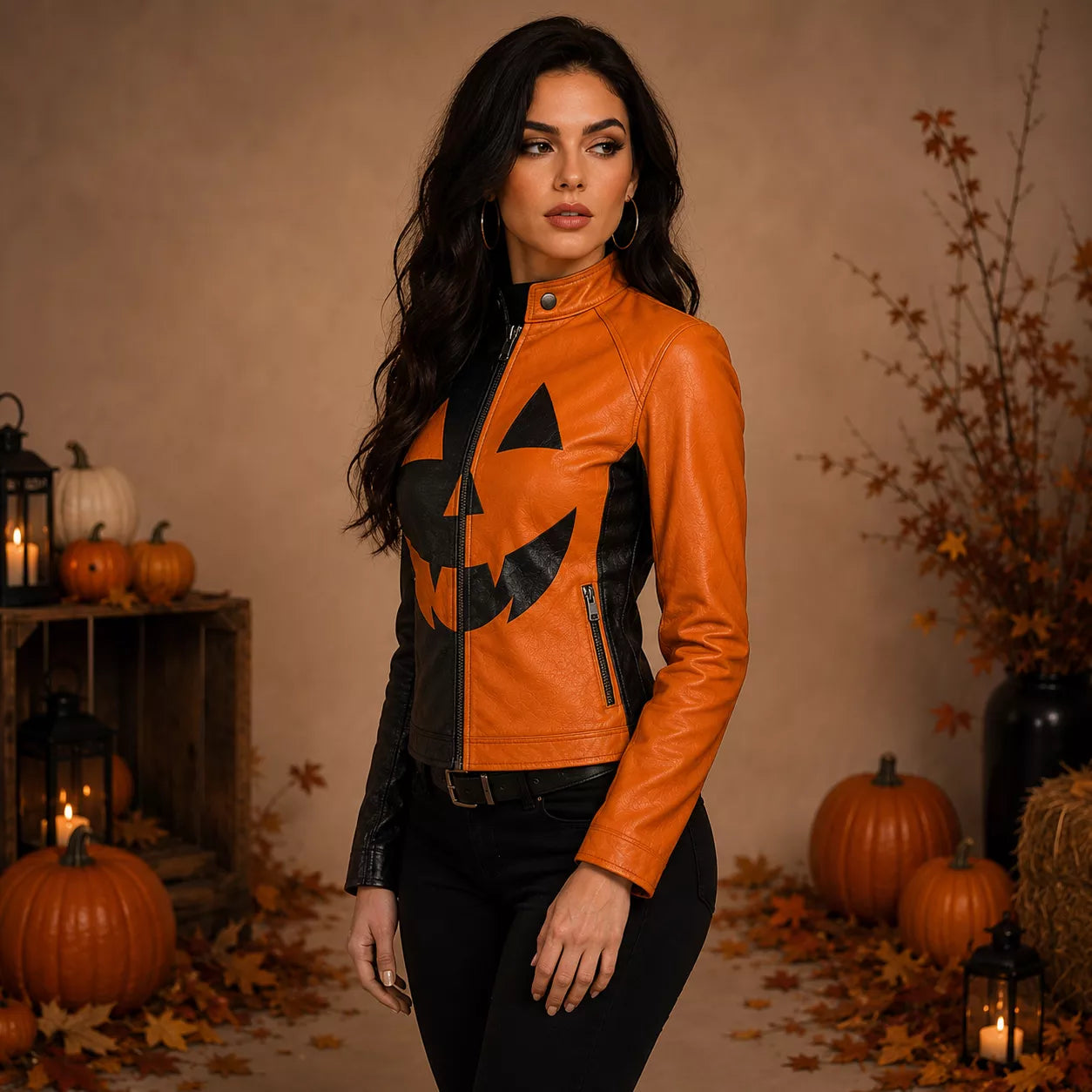 Women's Halloween Leather Jacket | Black & Orange Pumpkin Face Zip Up Biker Jacket