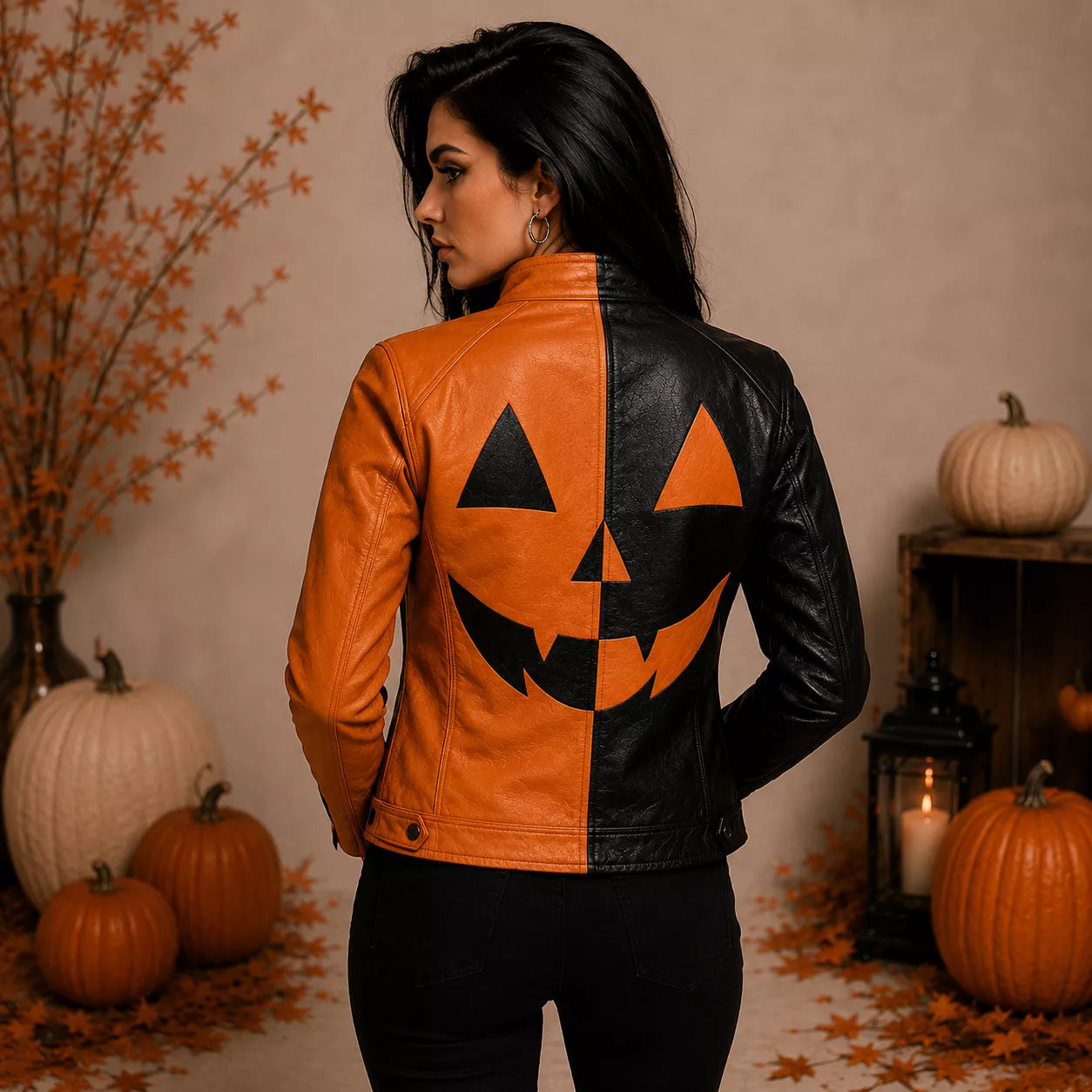Women's Halloween Leather Jacket | Black & Orange Pumpkin Face Zip Up Biker Jacket